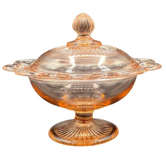 Vtg OLD COLONY Depression Glass Lace edge open lace pink footed bowl with lid - Picture 3 of 4